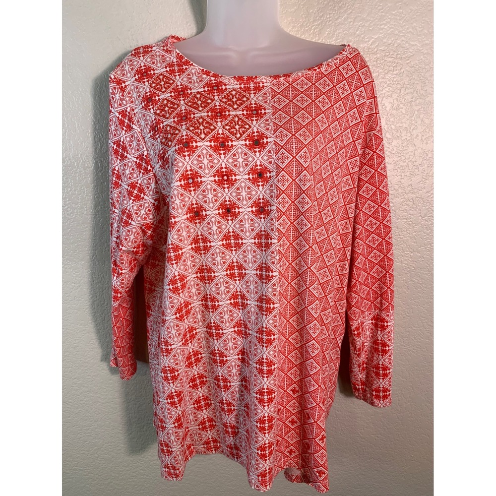 Zenergy by Chicos 4 US XXL Redish Orange Top Geometric Sequin 3/4 Sleeve Tunic